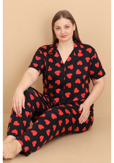 Wordex Mirano 2854 Kalpli Milan Kumaş Kısa Kollu Düğmeli Büyük Beden Kadın Pijama Takımı Siyah Wordex Mirano 2854 Kalpli Milan Kumaş Kısa Kollu Düğmeli Büyük Beden Kadın Pijama Takımı Siyah