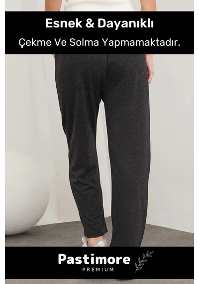 Yeni Sezon Terletmez Rahat Kalıp Beli Lastikli Bol Paça Salaş Yandan Cepli Ecrin Yünlü Pantolon Siyah