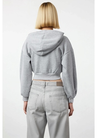 Benerly Kadın Kapüşonlu Düşük Kol Fermuarlı Örme Sweatshirt Fonksiyonel D Gri Melanj