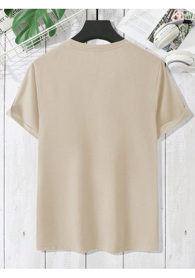 Üçgen Dağ T-shirt - Bej Baskılı Oversize Bisiklet Yaka Kısa Kol Tişört Bej