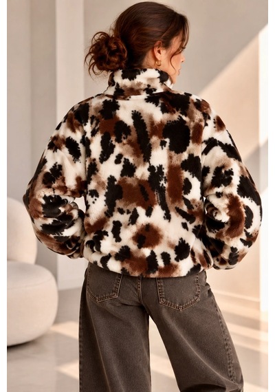 Bbbutikbasic Desenli Dik Yaka Peluş Polar Sweatshirt Nk0606 Kahverengi