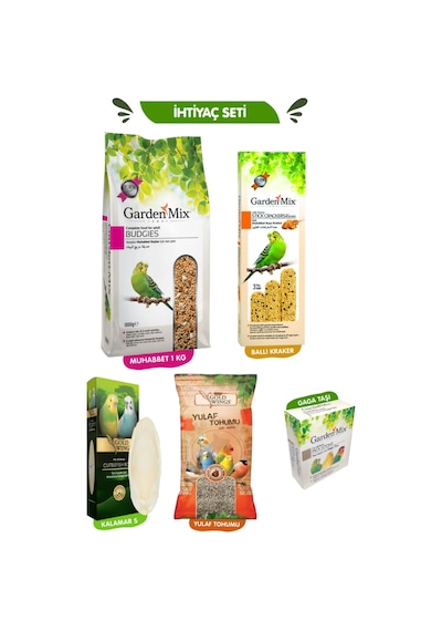 Beşli Set: Muhabbet Yemi 1 Kg + Ballı Kraker + Kalamar Kemiği + Yulaf Tohumu + Gaga Taşı