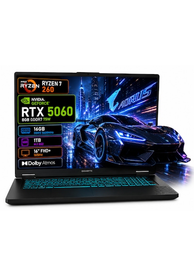Gigabyte A16 3VHK3TR894SD R7-260 16 GB 1 TB SSD RTX5060 16" Dos FHD Dizüstü Bilgisayar