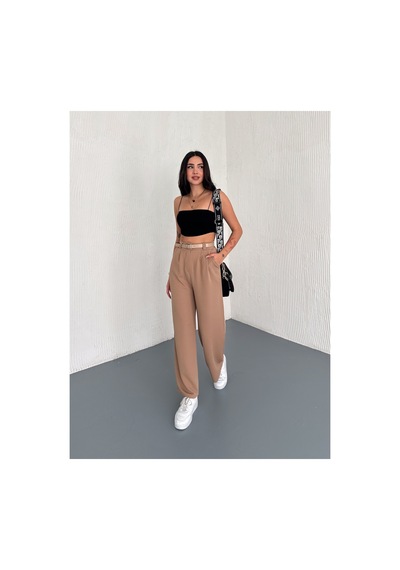 Winmoda34 Kadın Çift Pileli Esnek Kemer Detaylı Palazzo Kumaş Pantolon Bej