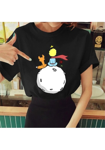 Startmore Kadın Beyaz Küçük Prens Baskılı Bisiklet Yaka Oversize Geniş Kalıp T-shirt Tişört Siyah