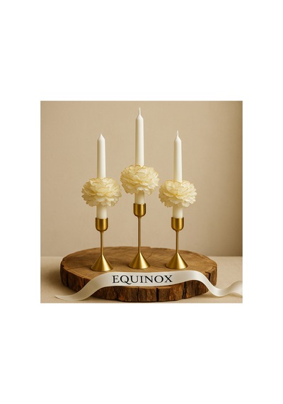Equinox 3 Lü Gold Şakayık Detaylı Beyaz Şamdan Mum Dekoratif - Lotus Mumluk Hediyesiyle Altın