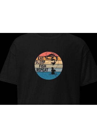 Wildstyle Retro Balık Gün Batımı Vintage Balıkçılık Deniz Baskılı Unisex Bisiklet Yaka Pamuklu Tişört Siyah