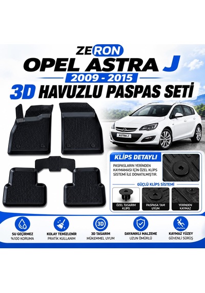 Zeron Opel Astra J 2009-2015 3d Havuzlu Paspas Seti Su Geçirmez Kaymaz Siyah 5 Parça