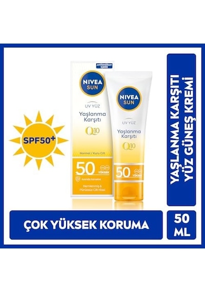 Sun Yaşlanma Ve Leke Karşıtı Q10 Yüz Güneş Kremi Spf50 50 Ml, Nemlendirme, Normal Ve Kuru Ciltler