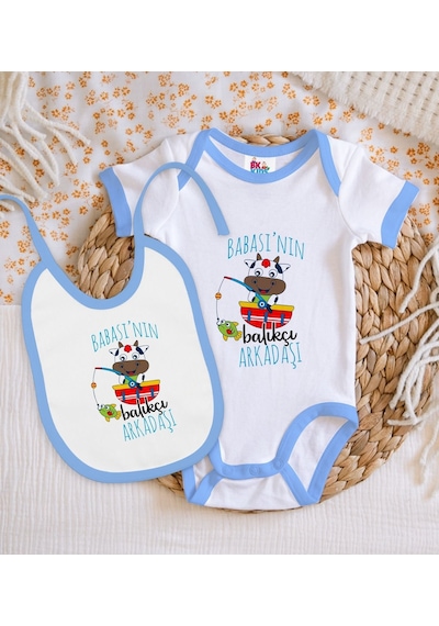 Bk Kids Babasının Balıkçı Arkadaşı Tasarımlı Mavi Bebek Body Zıbı Çok Renkli