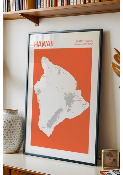 Hawaii Haritası Çerçeveli Tablo Lüks Salon Ofis Duvar Dekorasyonu Hediyelik Tablo