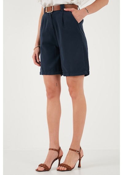 Lela Pamuklu Relaxed Fit Yüksel Bel Kemerli Gabardin Short Bayan Şort 668Yp4710 Lacivert