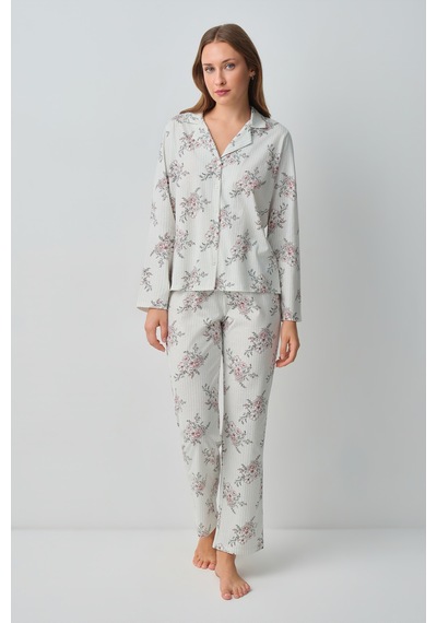 Suwen Luda Pamuklu Gömlek Yaka Pijama Takımı Wsh105101591287 Ekru Çizgili Suwen Luda Pamuklu Gömlek Yaka Pijama Takımı Wsh105101591287 Ekru Çizgili