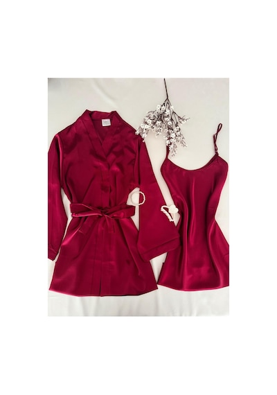 Mh Moony Homewears 2'li Bordo Saten Gecelik Sabahlık Seti Bordo
