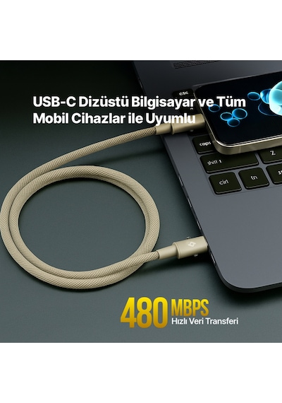 Ttec Extremecable Hip Çok Fonksiyonlu Ekstra Dayanıklı USB-C –USB-C 60W PD/Qc 120 CM Hızlı Şarj/Data Kablo Altın