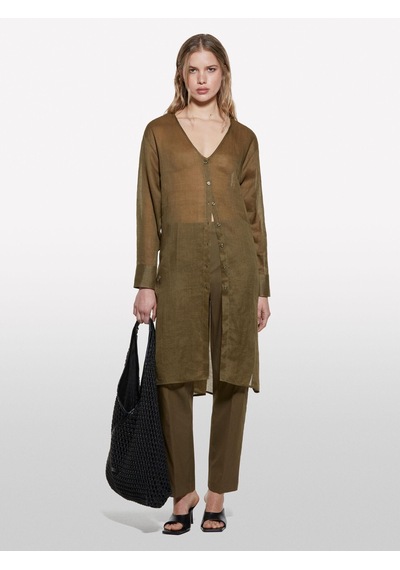 Sisley %100 Rami Manşetli V Yaka Uzun Gömlek Kadın Yeşil Gömlek - 325p5xjzlq096 Haki Yeşili