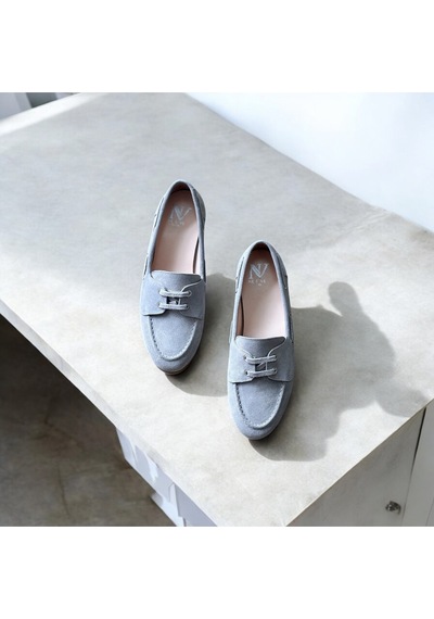 Ne&ve Shoes Gri Süet Hakiki Deri Kadın Bağcıklı Loafer Ayakkabı