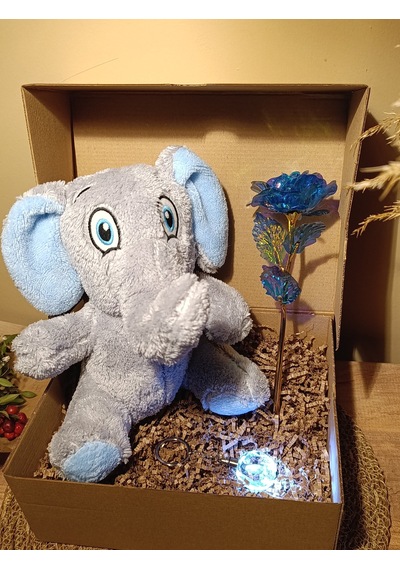 Kutulu Hediye Seti / Peluş Fil 24cm - Renk Değiştiren Işıklı Anahtarlık - Sonsuzluk Gülü