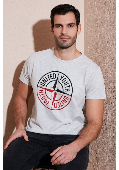 Buratti Baskılı Bisiklet Yaka Pamuklu Slim Fit Erkek T Shirt 541Pusula Açık Melanj