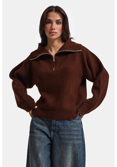 Kadın Kahve W6-81 Oversize Fermuarlı Triko Kazak