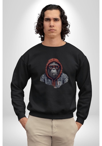 Kırmızı Gözlük Çeket Maymun Unisex Siyah Baskılı Sweatshirt Siyah