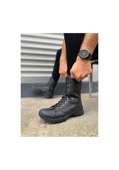DMR Elegance Jy999 Strike Bağcıklı Ortopedik Taban Günlük Cilt Erkek Askeri Postal Bot Cst Siyah