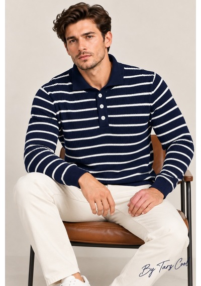 Cool Tarz Erkek Çizgili Polo Yaka Triko Kazak Slim Fit Uzun Kollu Pamuk Akrilik Karışımlı Lacivert Lacivert Cool Tarz Erkek Çizgili Polo Yaka Triko Kazak Slim Fit Uzun Kollu Pamuk Akrilik Karışımlı Lacivert Lacivert