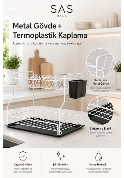 Sas Haus   2 Katlı Metal Bulaşıklık Kaşıklıklı Ve Damlalıklı Tezgâh Üstü Bulaşık Kurutmalık Dtb-02 Beyaz