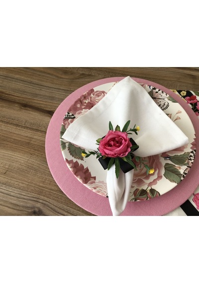 Sofra Sunum Seti Zigzag Üzerine Pembe Gül Desenli Takım Pembe