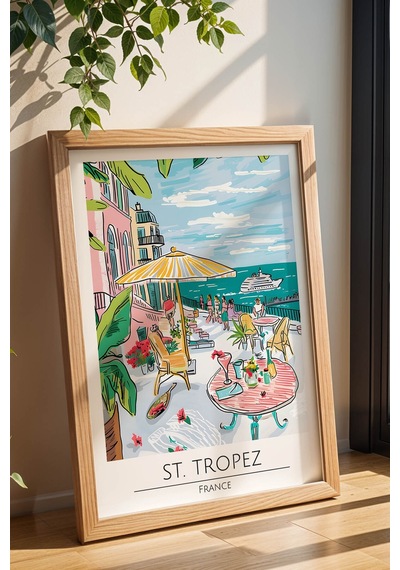 Fransa St. Tropez Temalı Çerçeveli Tablo Travel Serisi Modern İllüstrasyon Sahil Duvar Dekoru Kayın