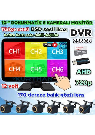 170'' Balık Gözü Ahd 720p Rca Kamera 6 Kanallı 10 İnç Dokunmatik Usb Bsd Dvr Ekran 12 Volt