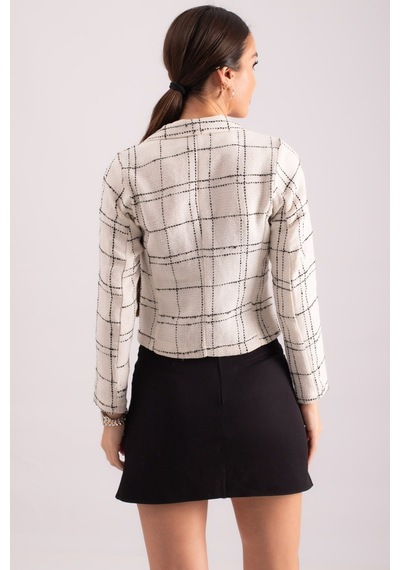 Armonika Kadın Beyaz Kruvaze Yaka Tüvit Crop Ceket Arm-24k001014