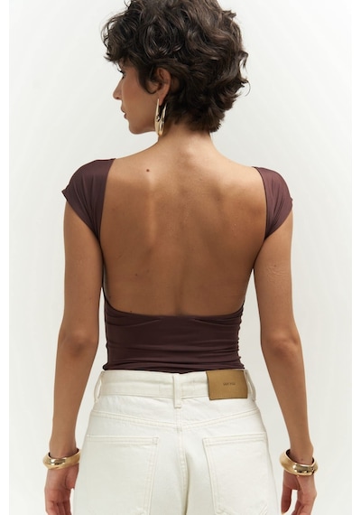 Mai Collection 2737 - Nives Sırt Dekolteli Kahve Crop