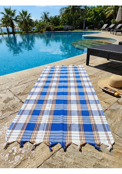 Ludıa %100 Pamuk Ekose Peştemal Havlu Mavi Çizgili Saçaklı Plaj Ve Banyo Peştemali 79x190 Cm Mavi Beyaz Sarı