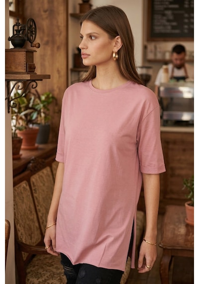 Armonika Kadın Gül Kurusu Yuvarlak Yaka Duble Kol Yanları Yırtmaçlı Pamuklu T-shirt Arm-26y137001 Armonika Kadın Gül Kurusu Yuvarlak Yaka Duble Kol Yanları Yırtmaçlı Pamuklu T-shirt Arm-26y137001