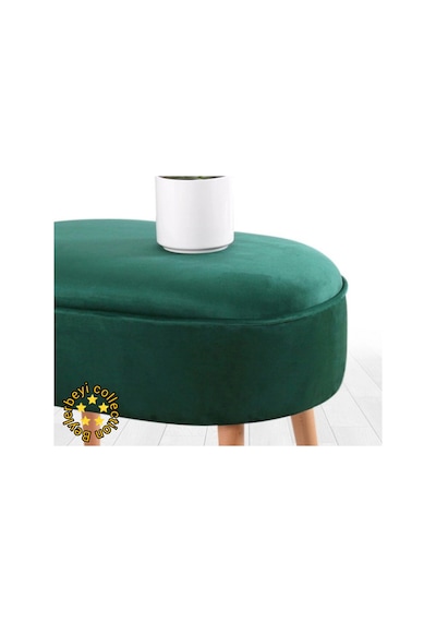 Gürgen Ahşap Ayak Düz Kumaş Oval Puf Bench Tabure Sandalye Yeşil