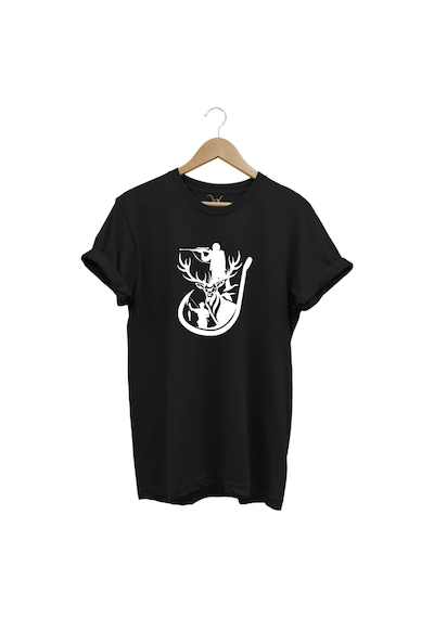 Avcılık Geyik Balık Nişan Baskılı Av Doğa Temalı Regular Fit %100 Pamuk Siyah T-shirt Siyah