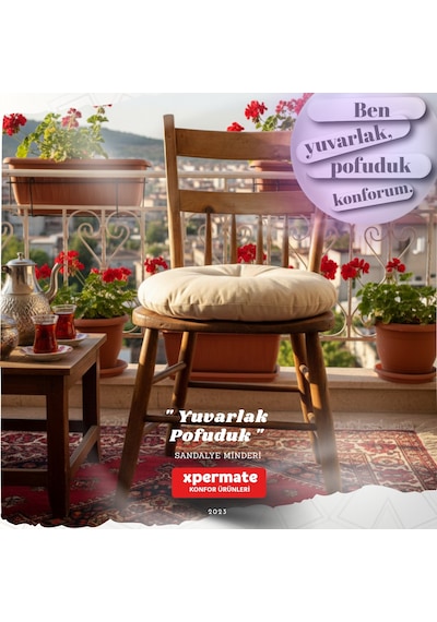 Pofuduk Yuvarlak Sandalye Minderi Mutfak, Balkon, Bahçe Dekoratif Oturma Minderi Yumuşak Dolgu Bej