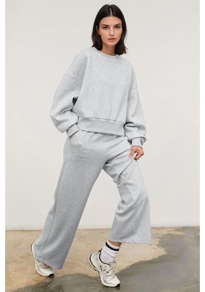 Hiccup Loose Fit Bisiklet Yaka Pamuklu Basic Şardonlu Örme Sweatshirt Gri
