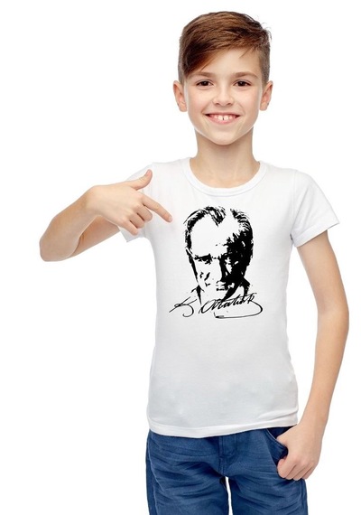 Sıfır Yaka T-shirt - %100 Pamuk Çocuk Atatürk Baskılı Beyaz