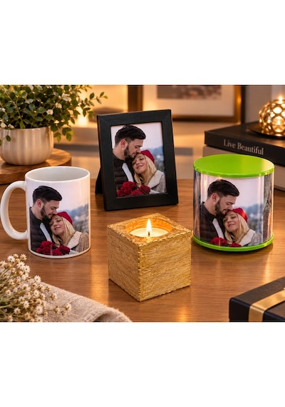 Kişiye Özel Hediye Seti-fotoğraflı Kupa Bardak-fotoğraf Çerçevesi-dönen Silindir Fotoğraf Çerçevesi-altın Gold Mum 1set