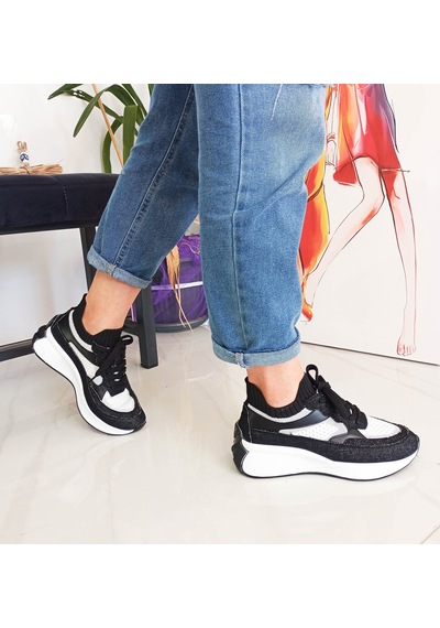 Gdt Ayakkabı Siyah Renk Kot Triko Malzeme Bağcıklı Kadın Sneakers