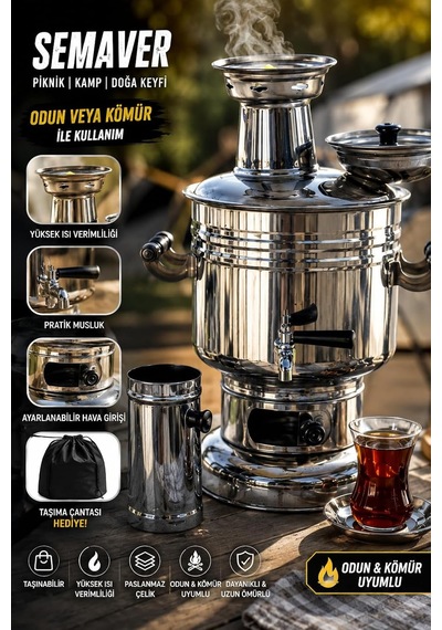 Paslanmaz Çelik Krom Semaver 4.5 Litre - Çantalı - Kömür & Odun Semaveri Çok Renkli