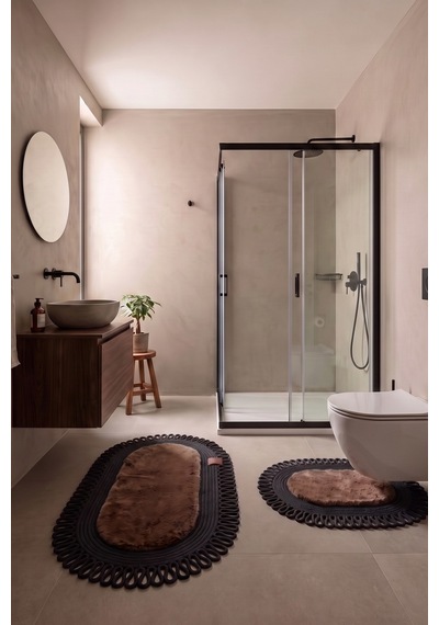 Banyo Paspası Takımı 60x100+40x60 Cm Dış Trikot Mouss Kahve & Siyah Kahve - Siyah