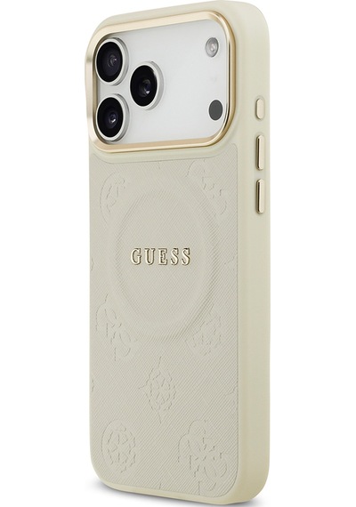 Apple Uyumlu iPhone 17 Pro Max  Kılıf Guess Lisanslı M-safeli Sıcak Baskı Yazı Logo Pu Deri Peony Kapak Bej Bej