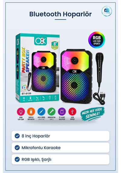 Bluetooth Hoparlör 8 İnç Mikrofonlu Karaoke Şarjlı Rgb Işıklı Kab