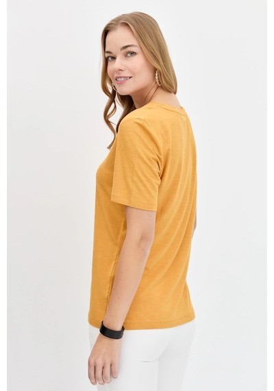 Desen Triko Kadın Sıfır Yaka Flamlı Kumaş Penye T-shirt Kmy24084 Hardal
