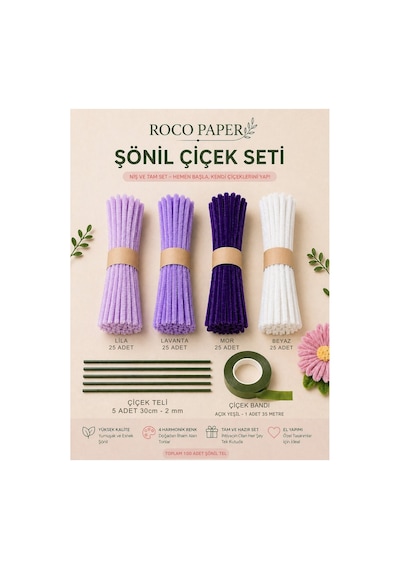 Şönil Çiçek Yapım Seti-100lü, Dıy Şönil Tel, Çiçek Teli Ve Bant Kiti Beyaz, Lila, Lavanta, Mor