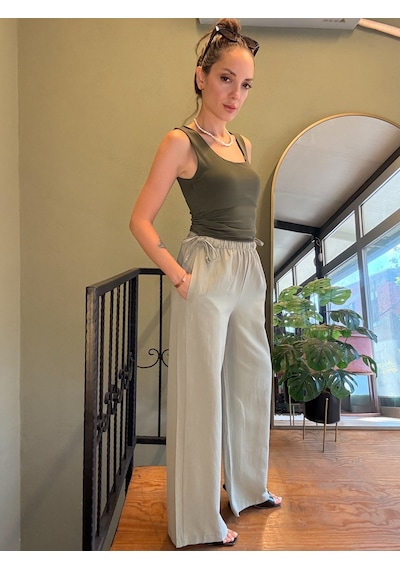 Ali Butik Haki Yandan Bağlama Detaylı Keten Pantolon