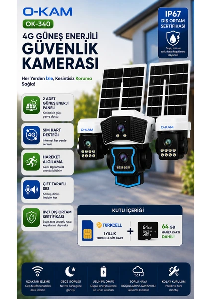 O-kam Ok-340 4 Kameralı 4g Sim Kartlı Çift Solar Ptz Kamera